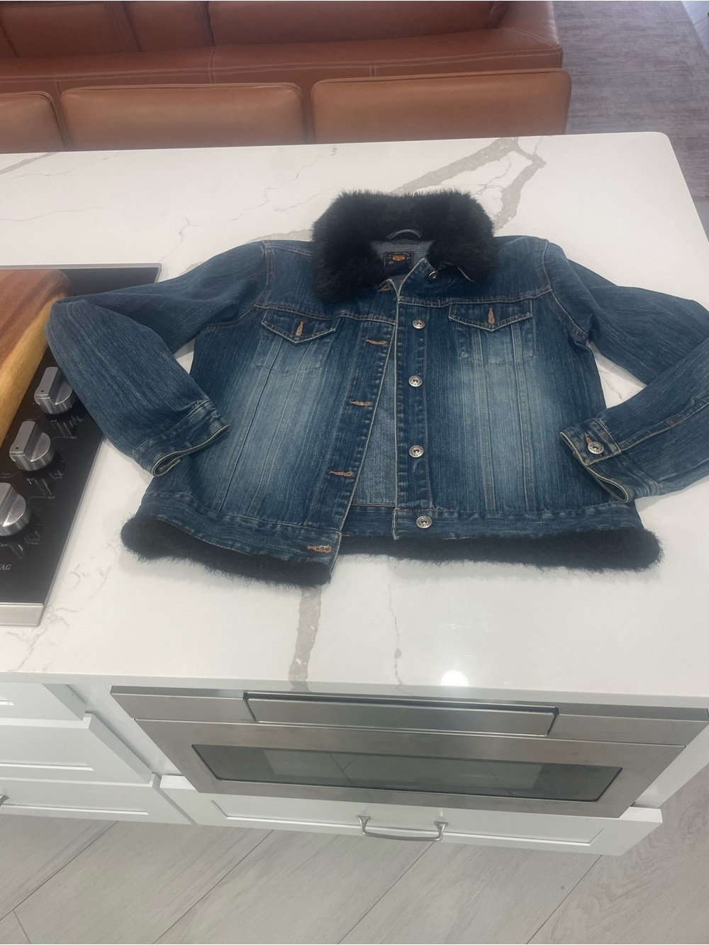 Route 66 Dark Blue Denim Jacket with Black Faux Fur Trim